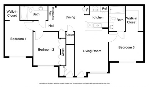 Floor plan for 3 beds, 2 baths, 1204 sqft